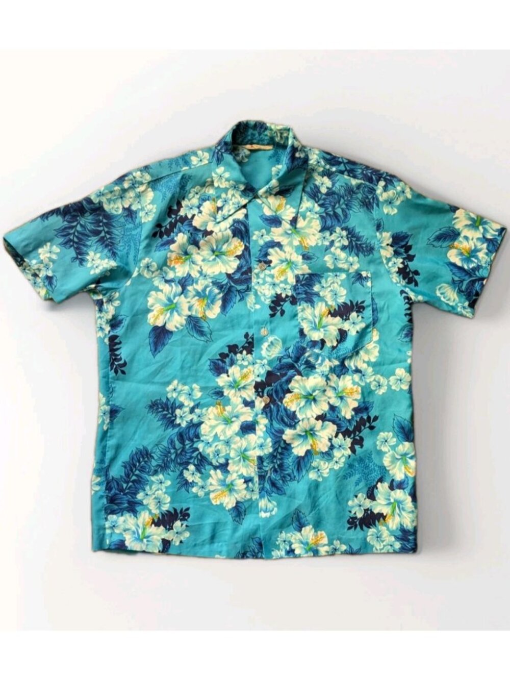 Vintage 60s 70s ROYAL HAWAIIAN Aloha Shirt Men M Turquoise Hibiscus Coin Buttons
